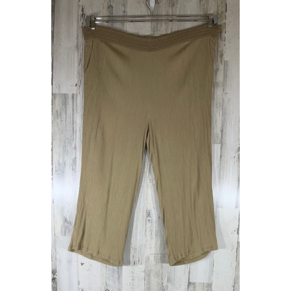 Soft‎ Surroundings Cropped Pants Tan Crinkle Crochet Waist High Rise Lined READ